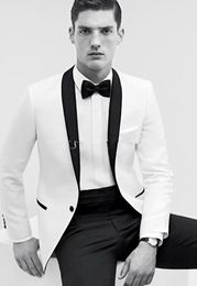 White Jacket Black Pants Groom Tuxedos Shawl Collar Best man Suit Groomsman/Bridegroom Wedding/Prom Suits (Jacket+Pants+Tie+Girdle)A192