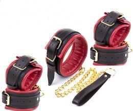 fetish bondage restraints Black&Red Sponge Padded PU Leather Bondage Restraint Kit,Hands Cuffs & Ankle Cuffs & Neck Collar Kits,BDSM