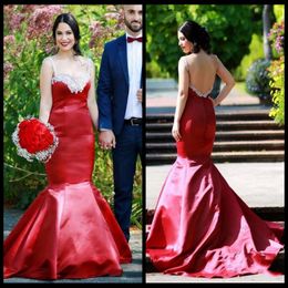 Red Mermaid Wedding Dresses Long With Straps Beaded Crystals Sexy Backless Non White Colorful Bridal Gowns Custom Made New Custom