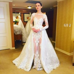 2016 Sexy Illusion Wedding Dresses with Detachable Skirt Glamorous Sheer Lace Applique Jewel Neck Long Sleeve A Line Ivory Bridal Gowns