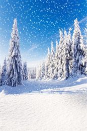 Blue Sky Falling Snowflake Backdrop for Photography Thick Snow Covered Pine Trees Road Outdoor Scenic Winter Holiday Photo Studio Background