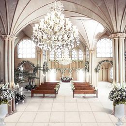 Vinyl Cloth Wedding Photography Backdrops Church Chandelier Chairs Flowers Arch Doors Bright Windows Photo Studio Backgrounds 10x10ft