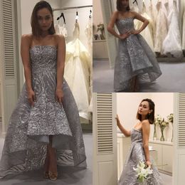 Sliver Hi Lo Prom Dress Long Bead Strapless Dresses Party Evening Plus Size Lace Pearls Formal Guest Gowns