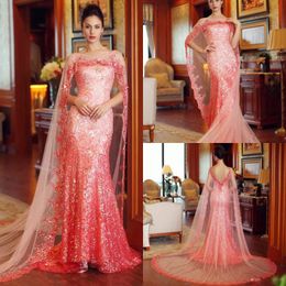 Elegant Long Cape Style Prom Dresses Sparkly Sequined Mermaid Evening Gowns Sexy Backless Celebrity Formal Party Dress Vestidos Sweep Train