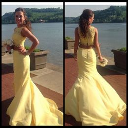 yellow 2 piece prom dress UK - Yellow 2 Piece Lace Prom Dresses Mermaid Sleeveless Long Party Dress Formal Evening Gowns 2017 Custom Graduation Gowns