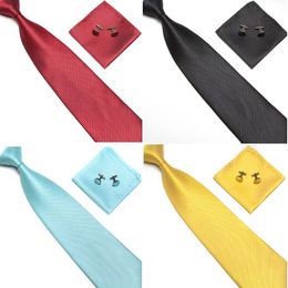 Neck Tie Cuff Links Handkerchief Set 19 Colours 145*10cm solid Colour NeckTie Men's Stripe necktie for Father's Day business tie gift