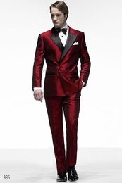 Fashionable Groom Tuxedos Groomsmen Dark Red Peak Lapel Best Man Suit Wedding Men's Blazer Suits (Jacket+Pants+Tie) K308