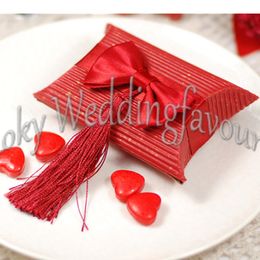 Free Shipping 100PCS Red Pillow Favor Boxes Wedding Favors Candy Boxes with Ribbon and Tassel Party Candy Package Supplies