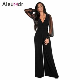 Wholesale- Aleumdr Sexy Pant Suits Black Embellished Cuffs Overalls Lace Jumpsuit Mesh Long Sleeve Rompers Womens Playsuit LC6650 Femme