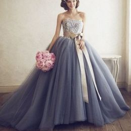 Stunning Custom Made Colour Wedding Dresses Lavender Blue Silver Wedding Dress Puffy Tulle Lace Appliques Strapless Sleeveless Gown