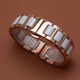 Straight ends watchband rosegold stainless steel metal wrap white ceramic watch bracelet strap fashion in summer 14mm 16mm 18mm 20mm 22mm