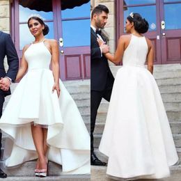 2017 Arabic White High Low Wedding Dresses Cheap Halter Zipper Back Simple Bridal Gowns Plus Size Custom Made China EN8056
