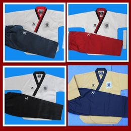 Promotianal J-CALICU taekwondo training uniforms Red and black collars, black red blue trousers for choice J-calicu TKD practice clothes