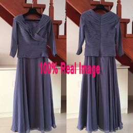 Real Image Modest Mother of the Bride Dress with Sleeves A Line V Neck Ruched Top Mother's Dresses Ankle Length Navy Blue