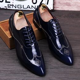 Fashion Men Patent Leather Derby Shoes Male Casual Flats Party Shoes Men's Oxfords Blue Dress Wedding Shoes 3 Colors