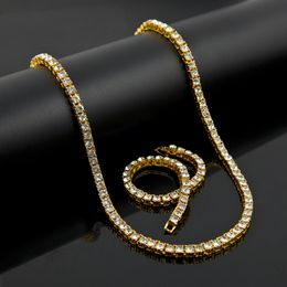 Hip Hop 1 Row Bling Tennis Chain Necklace Bracelet Set Mens Lady Gold Silver Black Simulated Diamond Jewellery