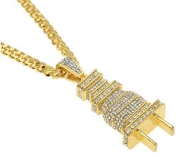 MENS LAB DIAMOND GOLD POWER PLUG PENDANT STAINLESS STEEL BOX CHAIN NECKLACE