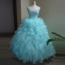 Pretty Girls Birthday Party Dress Ball Gown Sweetheart Beads Light Blue Quinceanera Dresses Plus Size Ruffles Organza Debutante Gowns