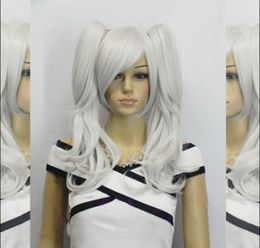 Wholesale free shipping >> Details about Women cosplay Long straight wavy silver white two clip-on ponytail hair full wig