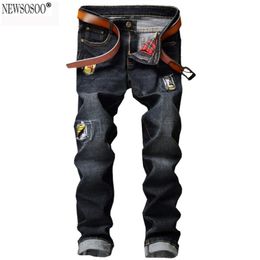 Wholesale- Newsosoo 2017 fashion designer men&#039;s casual hole ripped jeans Male slim straight patch denim pants Long trousers black MJ63