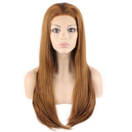 24" Long Blonde Silky Straight Half Hand Tied Heat Resistant Synthetic Lace Front Wig S02