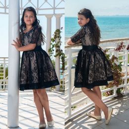 Little Black Flower Girl Dresses Lace Knee Length Pageant Gowns A Line Girls Wedding Dress With Sleeves