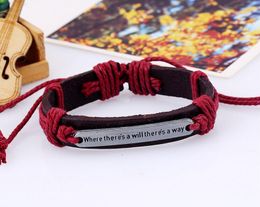 Man woman Self-Improvement Cowhide bracelet Where theres a will theres a way leather Couple Bracelet 24pcs/lot