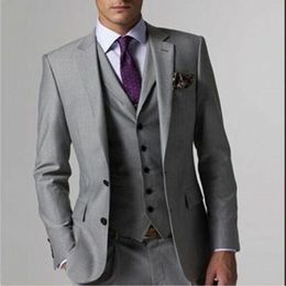 Hot Sales 2017 Mens Suits Light Grey Side Vent Two-Button Top Quality Mens Wedding Suits Three Pieces