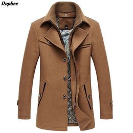 Wholesale- Dophee 2017 Autumn And Winter New Men's Long Wool Coat Solid Colour Brand Thick Casual Woollen Blended Jacket Coats