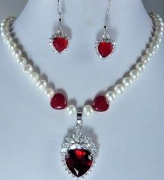 Natural White Akoya Cultured Pearl& heart Ruby Pendant Necklace earrings Set