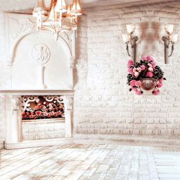 Indoor Brick Wall Photography Wedding Backdrop Chandelier Pink Flowers Studio Photo Shoot Background Wood Planks Floor
