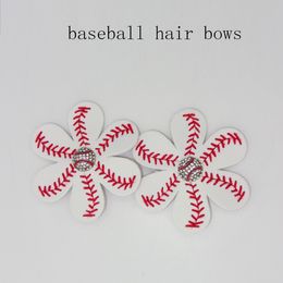 2017 Softball Baseball Football Leather Hair Flower Hairclips Seamed Hair Bows Team Colors Rhinestone 9 color