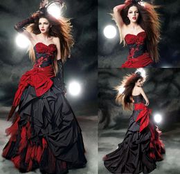 Gothic A-line Wedding Dresses Sweetheart Floral Bustier Pick-up Taffeta Black and Red Bow Tulle Gorgeous Bridal Gowns Corset Back New 2020