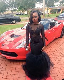 2017 Sexy See Through Black Girls Prom Dresses Long Sleeves Beaded Tulle Lace Appliques Vestido De Fiesta Graduation Party Gowns