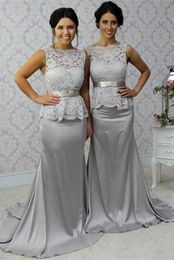 brown lace bridesmaid dresses UK - 2022 Formal Silver Pink Mermaid Lace Bridesmaid Dresses Sweep Train Sheer Neck Women Wedding Party Dresses Custom Made Plus Size
