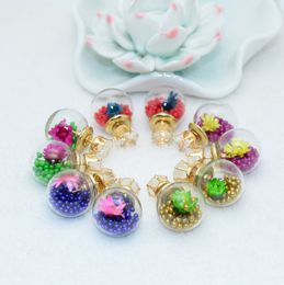 New High Quality 5 thick glass flower beads stud earrings double ball earrings for Christmas gift Women Korea Rubber Fashion Jewelry