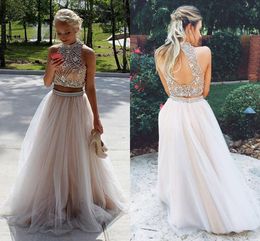 Fabulous Two Piece Prom Dress High Neck Sleeveless Tulle Champagne Ivory Long Homecoming Dresses Party Dresses with Beading Open Back