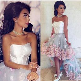 High Low Evening Party Dresses 3D Hand Made Flowers Applique Prom Dresses White and Pink Formal pageant gowns vestidos de fiesta