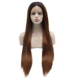 24" Long Dark Root Auburn Silky Straight Half Hand Tied Heat Resistant Synthetic Fiber Lace Front Fashion Wig S02