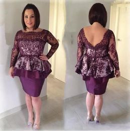 Grape Lace Mother Of The Bride Dresses 2017 Elegant Bateau Illusion Long Sleeves Peplum Knee Length Mother Groom Dresses Plus Size EN72210