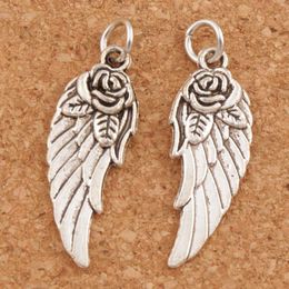 Angel Wing w/ Rose Spacer Charm Beads 100pcs/lot 30.3x10.7mm Antique Silver Pendants Handmade Jewellery DIY T1625