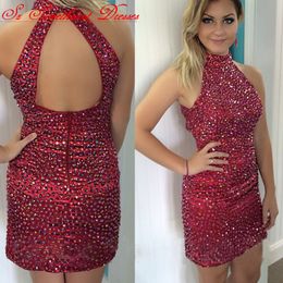 Burgundy Short Mini Open Back Cocktail Dress High Quality Sheath Beaded Backless Party Dress Plus Size vestidos de coctel