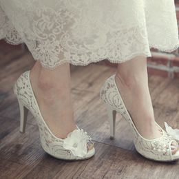 Luxurious Model Bridal Lace Shoes Peep Toe Koren White Wedding Shoes Fashion Platform Stiletto Heel Mother of the Bride Shoes