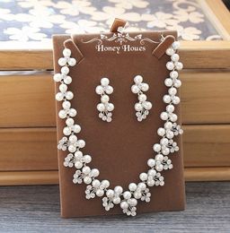 New Elegant Wedding Bridal Jewelry Silver Rhinestones with Ivory Pearls Beautiful Necklace with Ear Rings Girls Prom Party Accessory