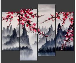 Large Brand New 100% Hand-painted Landscape Oil Painting on Canvas Home Wall Decor Modern Cherry Blossom Paintings 4 Panel/set AG8