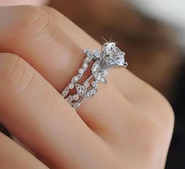 Victoria Wicek Brand Classic Luxury Jewellery 925 Sterling Silver Round Cubic Zirconia Crystal Gemstones Wedding Women Bridal Leaf Ring Set