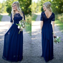 Hot Sale 2017 Navy Blue Lace And Chiffon Country Bridesmaid Dresses Long Cheap Short Sleeve Sequin Floor Length Maid Of Honour Gown EF4077