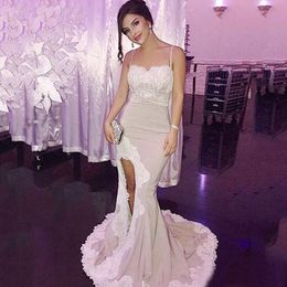 Elegant 2017 Dusty Pink Satin Long Mermaid Dresses Evening Wear Sexy Spaghetti Ivory Lace Side Split Formal Evening Party Prom Gown EN6237