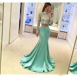 Mint Green 2 Piece Prom Dresses Long Sleeve Mermaid Style 2019 High Quality Sheer Lace Special Occasion Party Dress For Evening