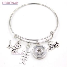 Wholesale Snap Button Jewelry Animal Bracelet Pet I love Cats Fish Bone Charms Bangle Snap Button Bracelets for Cat Lover Gifts